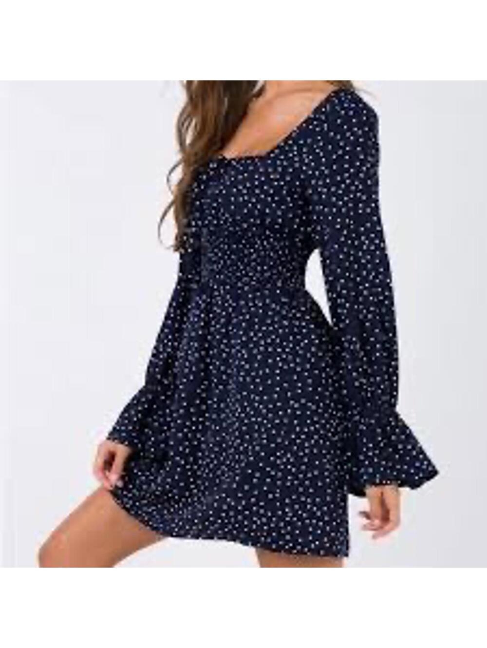 Navy Blue Long Sleeve Polka Dot Dress